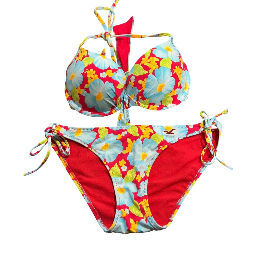 Hollister Bikini Set Red Blue Floral Push Up Halter Side Tie 2000s Womens Medium